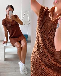 a woman taking a selfie while sitting on a chair in front of a mirror