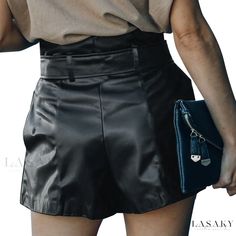 Lasaky - Versatile High-Waisted Short Leather Pants for Chic Contouring High Waist Belted Bottoms For Night Out, Elegant Short Length Solid Color Bottoms, Fitted Belted High-waisted Shorts, High Waist Solid Color Bottoms For Night Out, Chic High-waisted Solid Color Shorts, Fitted High Waist Shorts With Belt, Chic Paperbag Waist Bottoms With Belt, Chic High Waisted Shorts With Waistband, Chic Short Bottoms With Belt