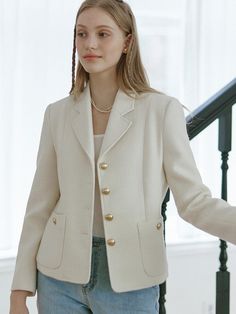 This is NONLOCAL’s sophisticated tweed Jacket. The classic tweed jacket is made of a cotton blend fabric with a soft silk lining. With its sturdy structure and gold buttons, it exudes a sense of luxury. You can wear it as a set-up with the matching mini skirt or style it individually with jeans for a casual look. - Perfect for daily wear- The jacket can be styled with different styles of bottoms for various looks- The jacket can be detached with buttons on the front Tweed Blazer With Button Closure And Lapel Collar, Luxury Single Button Tweed Jacket For Fall, Luxury Single-button Tweed Jacket For Fall, Elegant Single Button Tweed Jacket For Winter, Timeless Tweed Single-breasted Blazer, Timeless Single-breasted Tweed Blazer, Elegant Single-button Tweed Jacket For Winter, Classic Tweed Jacket With Hidden Button Closure, Timeless Long Sleeve Tweed Jacket With Buttons