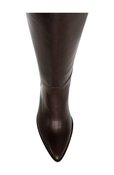 A curved topline amplifies the contemporary appeal of a knee-high leather boot balanced by a pointy toe and wrapped block heel. 3 1/2" heel 14 1/2" shaft; 15" calf circumference Leather upper/synthetic lining and sole Imported Knee High Leather Boots, Leather Boot, Dark Brown Leather, Knee High Boots, Knee High, Steve Madden, Block Heels, Dark Brown, Brown Leather