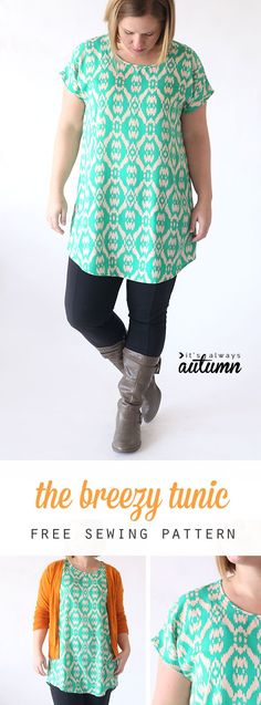 an image of a woman wearing a green and white top with the words, the breezey tunic free sewing pattern