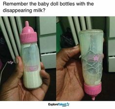 two pictures of someone holding a baby bottle