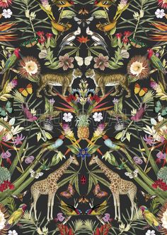 an image of a floral pattern with giraffes and tropical plants on a black background