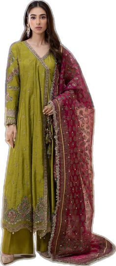 Transitional Anarkali Set In Jamawar, Diwali Jamawar Anarkali Set, Pista Green Anarkali For Eid, Transitional Anarkali Lehenga With Dabka, Transitional Anarkali Lehenga With Dabka Details, Transitional Green Anarkali Set With Dabka, Eid Anarkali Salwar Kameez In Raw Silk, Anarkali Jamawar Set With Zari Work, Festive Anarkali Dupatta With Dabka