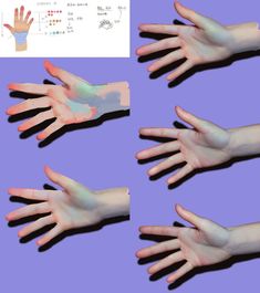 multiple images of hands with different colors and shapes on purple background, each hand holding something in the air