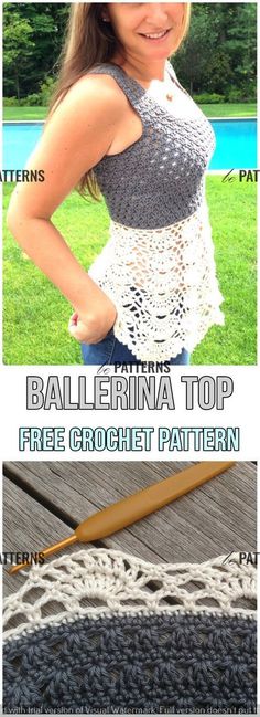 a crochet pattern for a ballerina top with text overlay that says, free crochet pattern