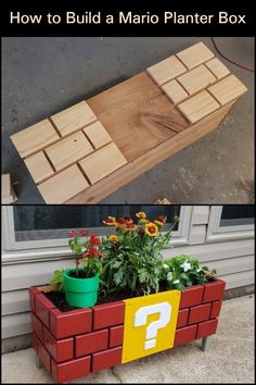 two pictures showing how to build a mario planter box with flowers and plants in it