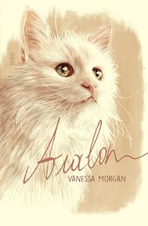 a drawing of a white cat with the name avalon on it's face