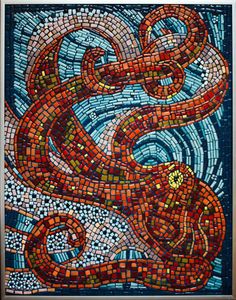 a painting made out of mosaic tiles with an orange snake on the bottom and blue background