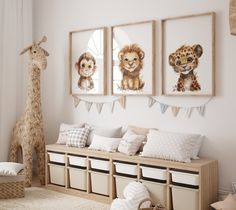 a baby's room with animal pictures on the wall and stuffed animals in baskets