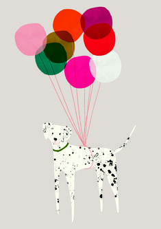 a dalmatian dog with balloons floating in the air on a light gray background