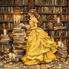 a painting of a woman in a yellow dress standing next to a stack of books