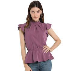 This women's vintage shirt is made of chiffon materials and you can wear it easily all day and night. The flutter-sleeve design will show your dignity and femininity while giving shape and texture at the same time. This stylish top with a ruffled high collar adds to the beauty and charm of a woman. An essential top is perfect for dressing up or down. Trendy Butterfly Sleeve Blouse, Purple Flutter Sleeve Top For Summer, Purple Blouse With Ruffled Collar, Purple Flutter Sleeve Tops, Casual Chiffon Tops With Ruffles, Feminine Flutter Sleeve Blouse, Spring Purple Chiffon Top, Solid Chiffon Short Sleeve Top, Chiffon Short Sleeve Top