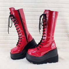 4 1/2" (114mm) Wedge Platform Mid-Calf Boot Side Zip Closure Cushioned Foot-Bed Us Woman's Sizes 6-12 Punk Style Party Wedge Boots With Platform, Punk Style Platform Wedge Boots For Party, Red Punk Platform Boots With Round Toe, Red Punk Platform Boots, Edgy Red Platform Boots With Round Toe, Red High-top Platform Boots For Party, Red Platform Boots For Streetwear, Rocker Style Platform Boots For Party, Rave Boots