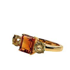 This is part of Chairish’s Fine Jewelry assortment.  Classic 3-Stone Citrine and Mali Green Garnet Ring – Gold Rhodium Over Sterling Silver  Enhance your jewelry collection with this unique 3-stone ring featuring a dazzling 2.23ct golden Citrine and two rare Mali green Garnets totaling 1.99ct. Set in gold rhodium-plated sterling silver, this ring blends timeless elegance with a touch of the extraordinary, making it a standout piece you won’t find anywhere else.  Key Features Stunning Gemstones: Luxury Green Topaz Gemstone Ring, Luxury Citrine Topaz Ring With Accent Stones, Luxury Topaz And Citrine Ring With Accent Stones, Luxury Citrine Topaz Ring With Gemstone Accents, Elegant Multi-stone Citrine Topaz Ring, Elegant Multi-stone Topaz And Citrine Ring, Luxury Citrine Multi-stone Rings, Luxury Multi-stone Citrine Rings, Garnet Ring Gold