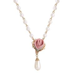 This necklace features a petite handmade pink porcelain rose bud, with a white faux pearl teardrop which dangles below. The linking necklaces comes with white round faux pearls, lobster clasp and a 3-inch extension chain. | 1928 Jewelry Gold Tone Flower With Pearl Drop 15" + 3" ADJ Necklace, Pink Pink Rose Jewelry, Pink Rose Earrings, Shopping Addict, Pink Porcelain, Blue Converse, Pearl Drop Necklace, Beauty Aesthetic, 1928 Jewelry, Cameo Jewelry