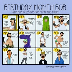 the birthday month cartoon shows men with different facial expressions, including one man wearing a hat and