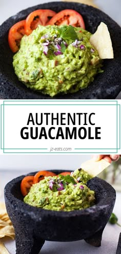 guacamole in a black bowl with tortilla chips on the side