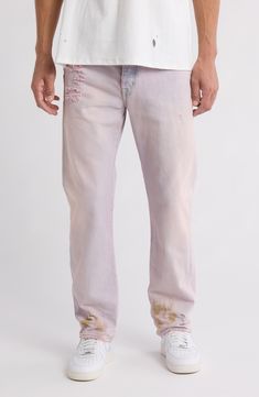 A vintage-inspired worn design brings lived-in appeal to these mid-rise straight leg jeans cut from nonstretch cotton. 33" inseam; 8 1/2" leg opening; 12 1/2" front rise Zip fly with button closure Five-pocket style 100% cotton Machine wash, dry flat Imported Asian & Pacific Islander Owned/Founded Faded Distressed Jeans For Spring, Faded Distressed Straight Leg Jeans, Faded Bottoms With Standard Cut Leg For Spring, Spring Washed Jeans With Straight Hem, Faded Straight Leg Pants For Spring, Spring Washed Rigid Denim Jeans, Spring Faded Bottoms With Standard Cut Leg, Spring Washed Straight Hem Jeans, Spring Washed Bottoms With Straight Hem