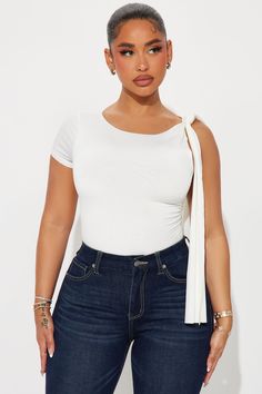 Available In White. One Shoulder Top Short Sleeve Tie Shoulder Detail Stretch 94% Polyester 6% Spandex Imported | Kiara One Shoulder Top in White size 3X by Fashion Nova White Top And Jeans Outfit, White One Shoulder Top, Fashion 2025, Stephanie Rao, Midsize Outfits, Womens Camisoles, Jeans Cargo, One Shoulder Top