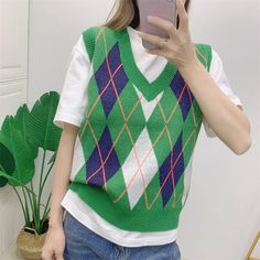 BrandName: linenlooks,Season:Spring/Autumn,Pattern Type:Geometric,Material:Acrylic,Style:Casual,Clothing Length:Regular,Gender:WOMEN Autumn Pattern, Loose Sweater, Casual Clothing, Sweater Vest, Season Spring, Casual Women, Style Casual, Casual Outfits, Pattern