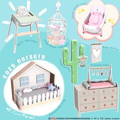 the dollhouse is decorated in pastel colors and features furniture, such as a crib, bed, dresser, toy car, cactus