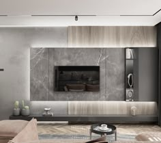 a modern living room with grey walls and furniture