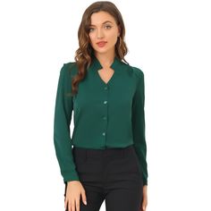 This shirt is elegant and charming for workwear or a day-to-night look, with a cut-out v-neck and unique shoulder details. No-see-through chiffon fabric and stylish v-neck make it a perfect choice for work, office, and daily wear. Pair this work office shirt with a pencil skirt, work pants, or casual jeans. The return of a classic, this button-up shirt is cut from in a chiffon sateen in an always flattering fit-and-flare silhouette. Model Body Size: Height: 5'9", Chest: 33 inches, Waist: 24 inch The Office Shirts, Green Blouse, Chiffon Blouse, Night Looks, Chiffon Fabric, Casual Jeans, Fit And Flare, Daily Wear, Button Up Shirts