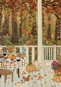 a painting of a porch with fall leaves and pumpkins on the table, next to a potted plant