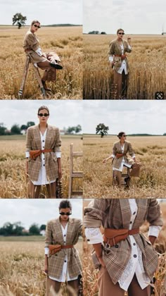 a man standing in the middle of a field wearing a brown plaid jacket and white shirt