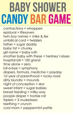 the baby shower candy bar game is shown in pink, blue and yellow colors with words above it