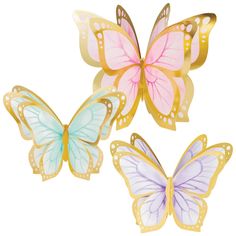 three different colored butterflies are shown in this image, one is pink and the other is blue