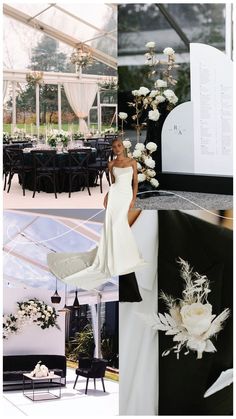 a collage of photos with white flowers and black chairs in the background, including a woman wearing a wedding dress