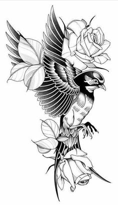 a black and white drawing of a bird with flowers