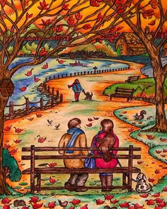 a painting of two people sitting on a bench looking at the water and fall leaves