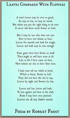 poem by robert frost from the book leaves compared with flowers, written in black ink on blue paper