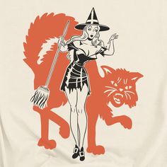 a woman dressed as a witch with a cat and broom in front of an orange background