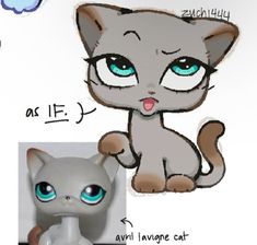 a drawing of a cat with blue eyes and an image of a kitten on it's back