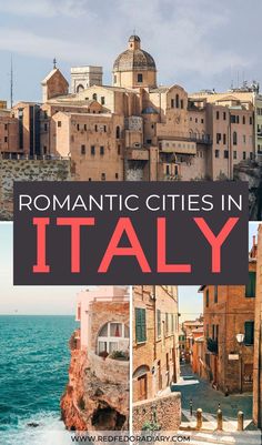 some buildings and water with the words romantic cities in italy on it's side