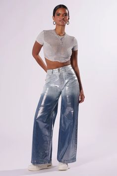 LITTLE MISS SUNSHINE DENIM PANT – AKIRA Trendy Faded Pants With Five Pockets, Trendy Shimmer Bottoms For Spring, Trendy Faded Flare Jeans, Summer Faded Flare Jeans With Five Pockets, Summer Faded Flare Jeans, Trendy Bleached Denim Bottoms, Metallic Shiny Pants For Summer, Faded Flare Jeans For Summer, Metallic Shiny Summer Pants