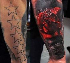 two different tattoos on both arms and legs, one with a rose in the middle