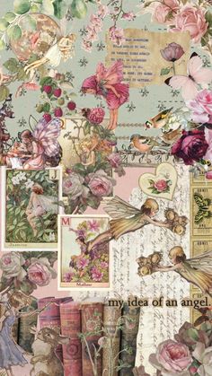 a collage of flowers and birds with words on the bottom right hand corner that says, my idea of an angel