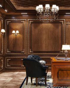 an elegant office with wood paneling and chandelier above the desk, along with two chairs