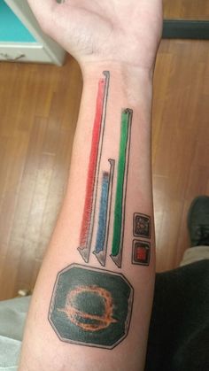 a person with a tattoo on their arm that has different things on it and in the middle