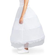 Wear this white 3-hoop petticoat under a full skirt to add volume to create a fit and flare silhouette, measuring at 28 inches in length, it can easily be worn under a wide variety of dress types. The versatile design allows the petticoat to be worn with a casual outfit, as an extra touch to your date night look, or for a ball gown or wedding dress. Fitted Crinoline Tiered Skirt, Fitted Tiered Skirt For Debutante Ball, Fitted Flared Ruffled Petticoat, Fitted Flared Tulle Petticoat, Crinoline Tulle Skirt Petticoat, Fitted Flared Petticoat For Wedding, Fitted Full Petticoat With Ruffled Skirt, Fitted Wedding Petticoat With Flared Skirt, White Tulle Skirt With Crinoline