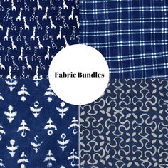 the fabric bundle includes four different patterns, including navy blue and white plaid with an animal design