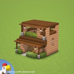 an image of a small house made out of bricks and wood with plants growing on the roof