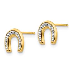 For a daily dose of good luck and western style, accessorize with these textured two-tone horseshoe earrings. Fashioned from 14k yellow gold with white rhodium plating, they measure a dainty 7mm wide by 7mm long and are finished with friction-back posts. Made in the U.S.A. Horseshoe Earrings, Equestrian Jewelry, Lucky Horseshoe, Bow Jewelry, Gold Polish, Stud Earrings Set, Fine Jewelry Gift, Black Bow, Fine Jewellery Earrings