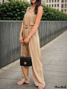 Olivia Mark - Stylish Sleeveless Jumpsuit with Wide-legged Trousers for Casual Wear Sleeveless Beige Jumpsuit For Work, Beige Sleeveless Jumpsuit For Work, Beige Sleeveless Jumpsuits And Rompers For Loungewear, Jumpsuit Casual, Pant Length, Casual Jumpsuit, Elastic Waist Pants, Sleeveless Jumpsuits, Denim Jumpsuit