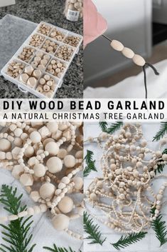 the diy wood bead garland is made with natural christmas tree garlands and beads